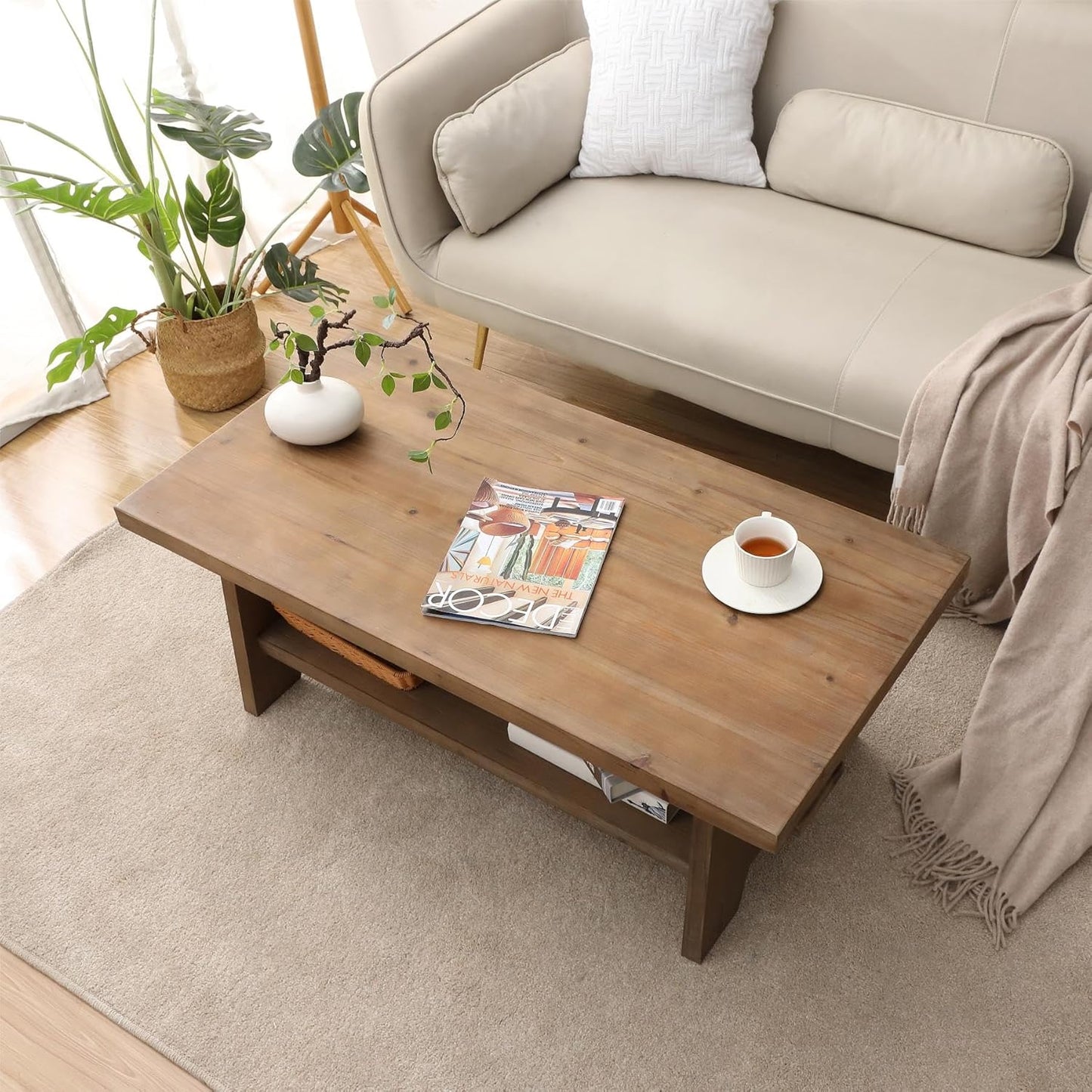 Farmhouse Wood Coffee Table - 43.4” Mid Century Modern Wooden Coffee Tables for Living Room, Solid Firwood Tabletop Rectangle Coffee Table, Center Table for Living Room, Brown