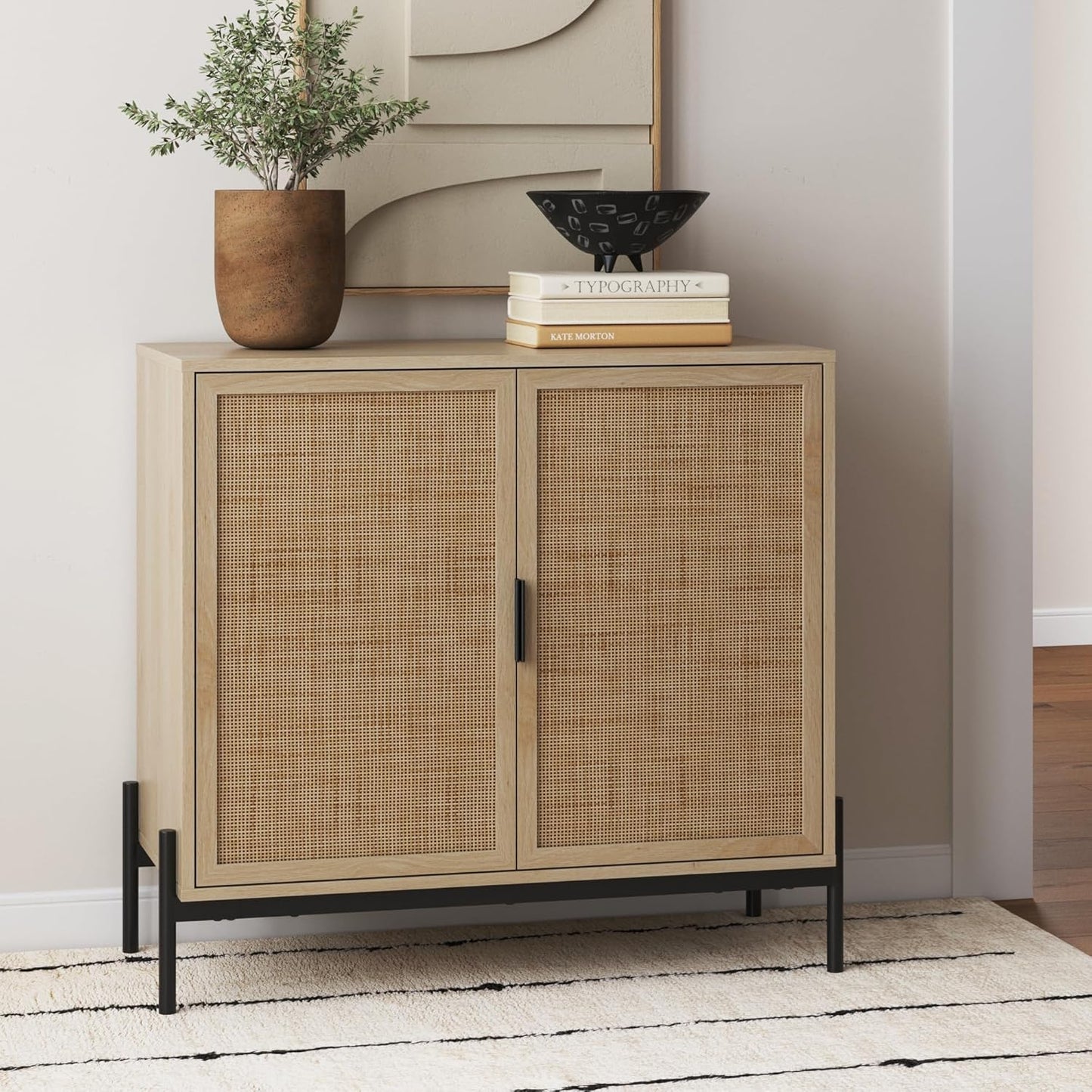 Andrew Bohemian Entryway Storage Cabinet or Kitchen Sideboard Credenza, Rattan Accent Cabinet with Metal Legs, Light Oak/Matte Black