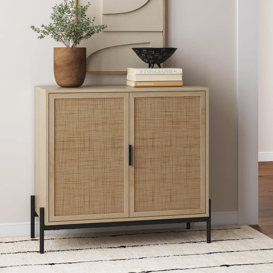 Andrew Bohemian Entryway Storage Cabinet or Kitchen Sideboard Credenza, Rattan Accent Cabinet with Metal Legs, Light Oak/Matte Black