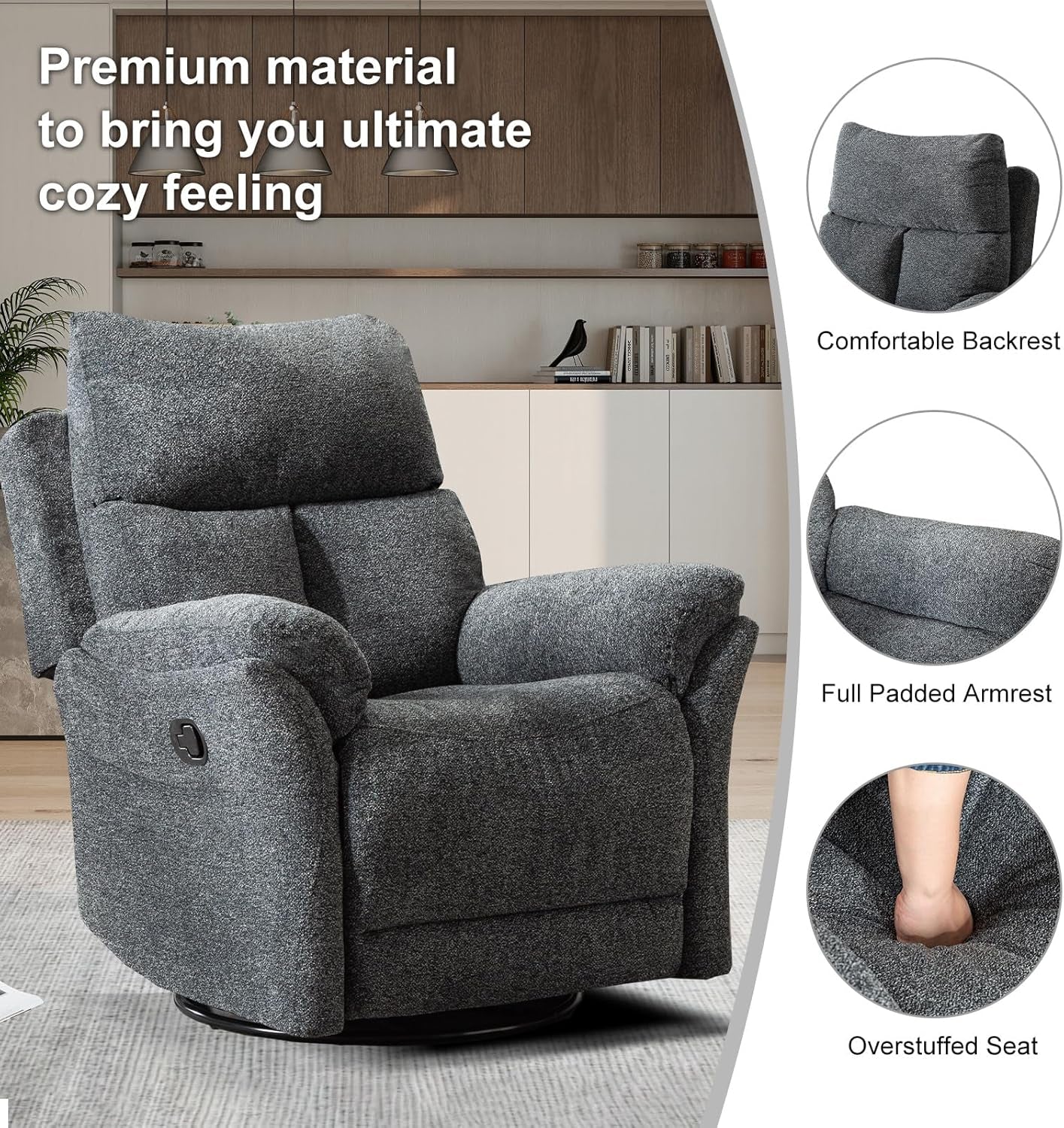 Rocker Recliner, Manual Swivel Recliner with Overstuffed Cushion, Nursing Chairs for Living Room, Swivel Glider Recliners with Soft Backrest, Dark Grey