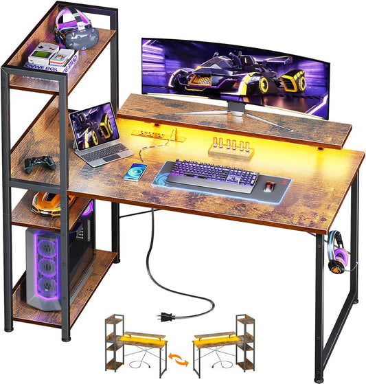 Reversible Gaming Desk with USB Charging Port and LED Lights, 40 Inch Computer Desk with Storage Shelves & Monitor Stand, Writing Study Table for Home Office, Small Space Bedroom, Rustic Brown