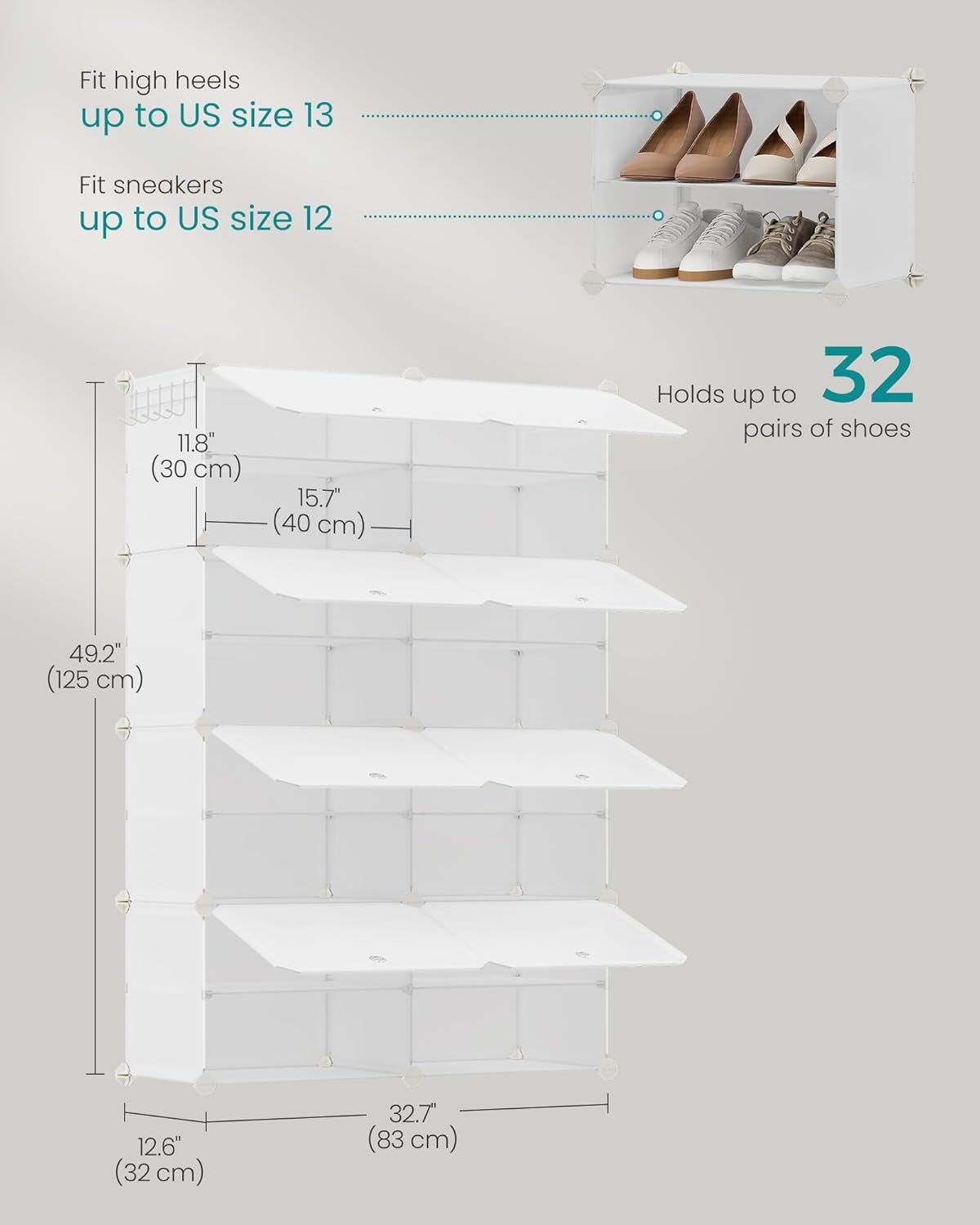 Shoe Rack Organizer, 8-Tier Shoe Storage Cabinet for Closet and Entryway, Holds 32 Pairs of Shoes, Adjustable, Cloud White ULPC034W03
