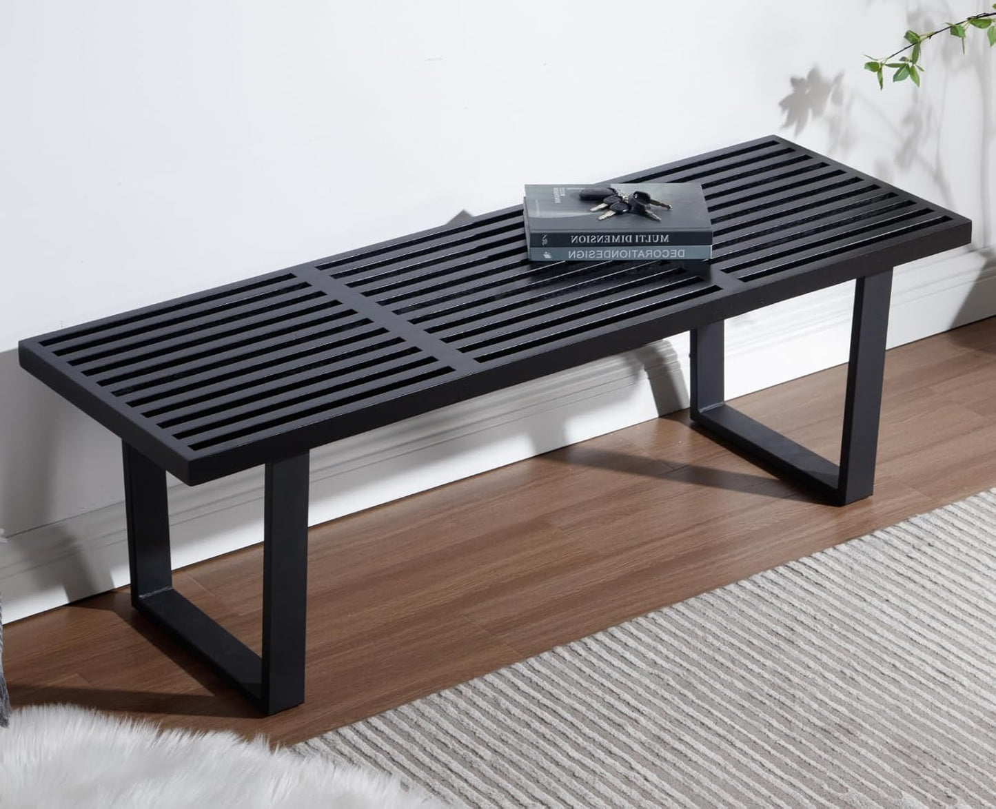 55" Black Solid Wood Entryway Bench, Modern Nelson End of Bed Bench for Bedroom W/Metal Legs, Dining Bench Long Ottoman for Front Entryway Living Room Dining Room Kitchen