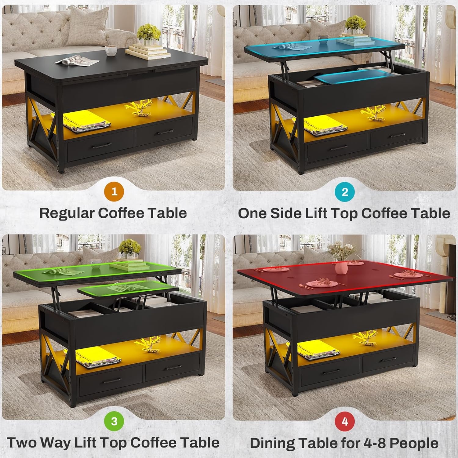 40" Lift Top Coffee Table, 4 in 1 Coffee Tables with Storage for Living Room, Small Farmhouse Coffee Table with 2 Drawers & LED Light for Dining Reception Room, Black