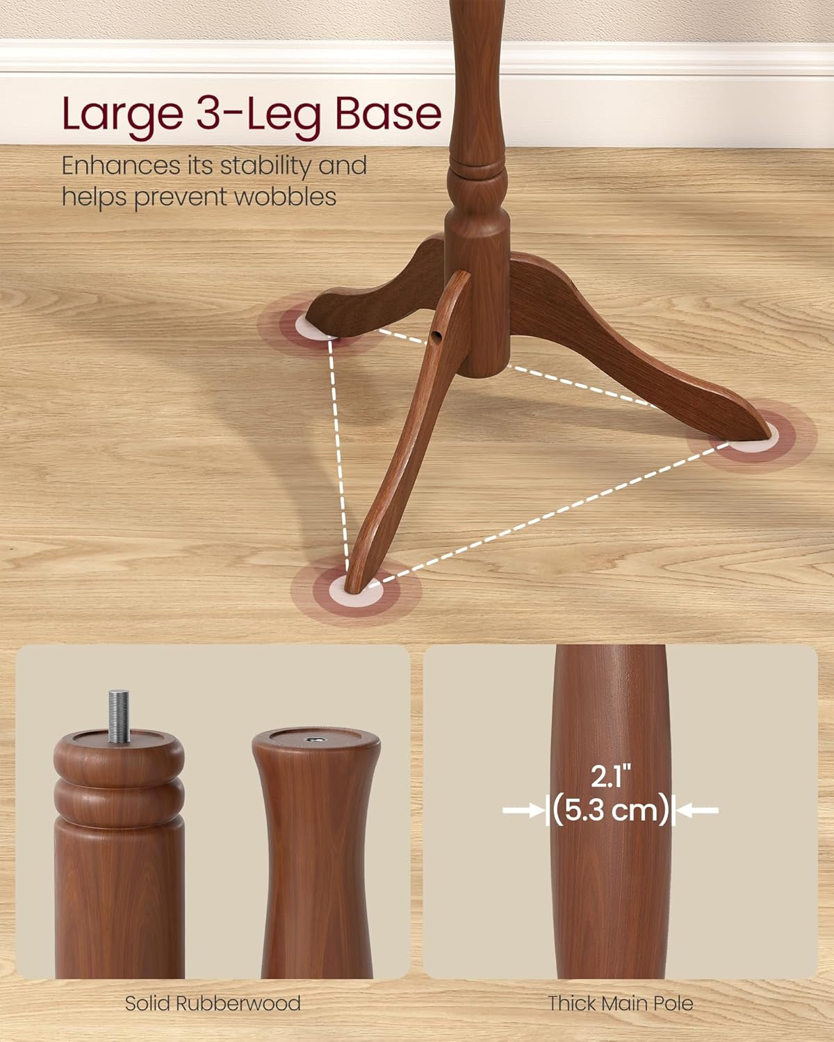 Coat Stand, Solid Wood Freestanding Coat Rack with 11 Hooks, Hall Tree for Bags, Purses, Hats, for Entryway, Hallway, Rubberwood, Caramel Brown URCR05WN