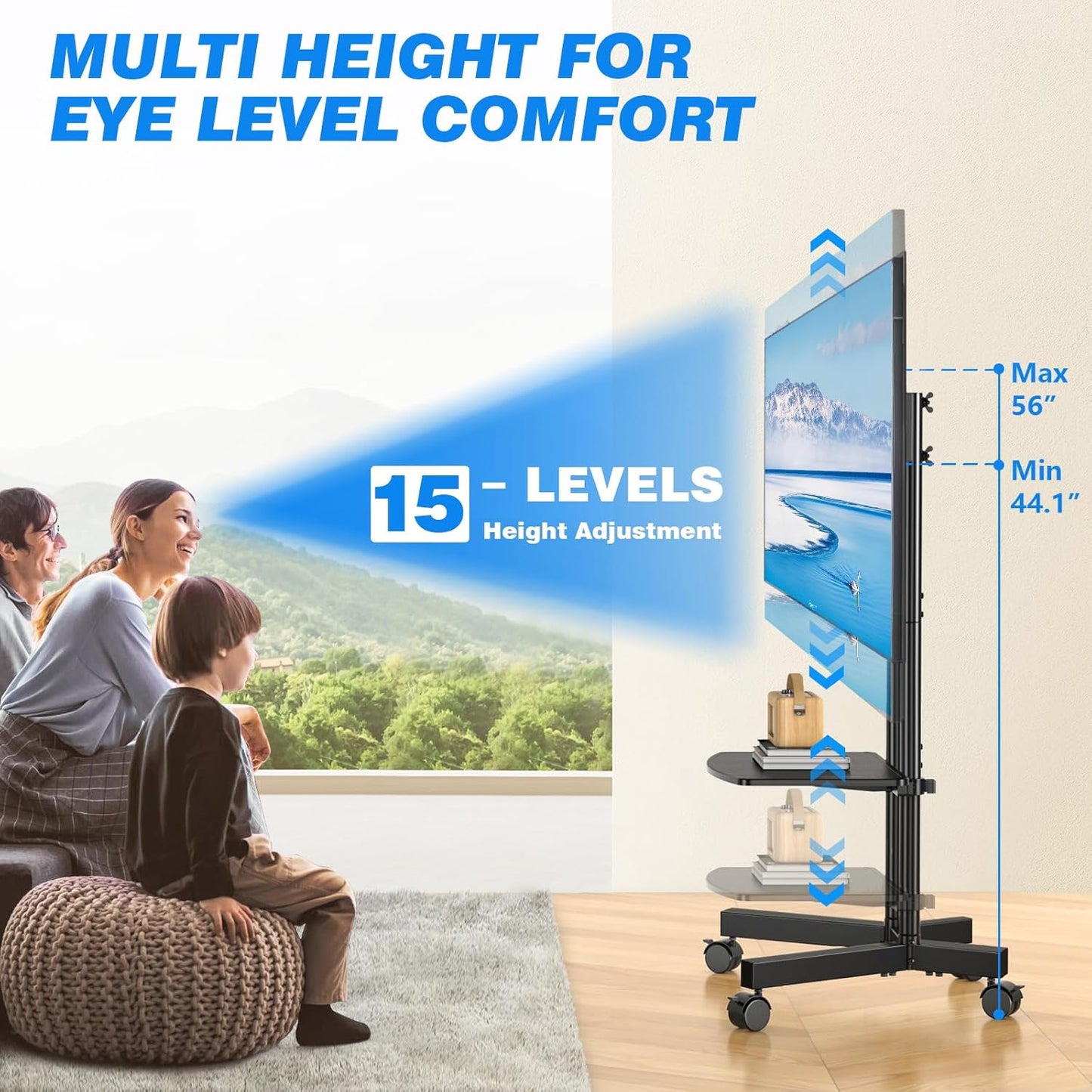 Rolling TV Stand with Laptop Shelf, Mobile TV Stand with Upgraded Wheels for 32-75 Inch Tvs, Height Adjustable Mobile TV Cart up to 88Lbs, Portable TV Mount Stand for Outdoor, Home, Office