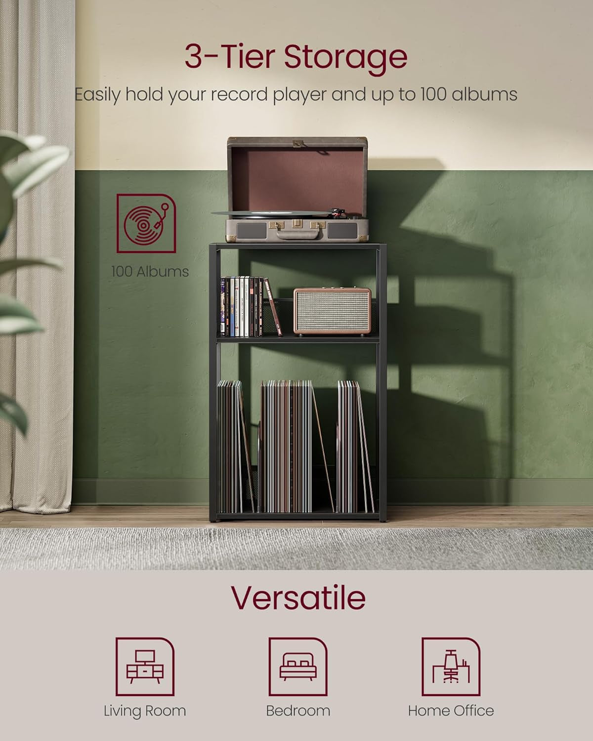 Record Player Stand, 3-Tier Side Table, Vinyl Record Storage up to 100 Albums, End Table for Living Room, Bedroom, Ebony Black ULET275B01