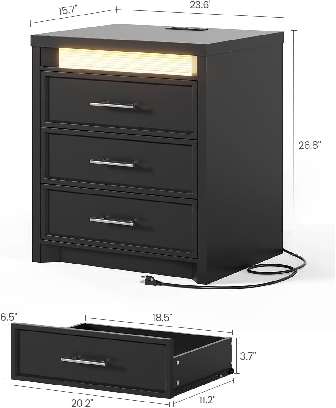 Night Stand with Charging Station,Black Nightstand with 3 Drawer and 3 Color Lightbox, Bedside End Table with Metal Handle for Bedroom (1, Black)