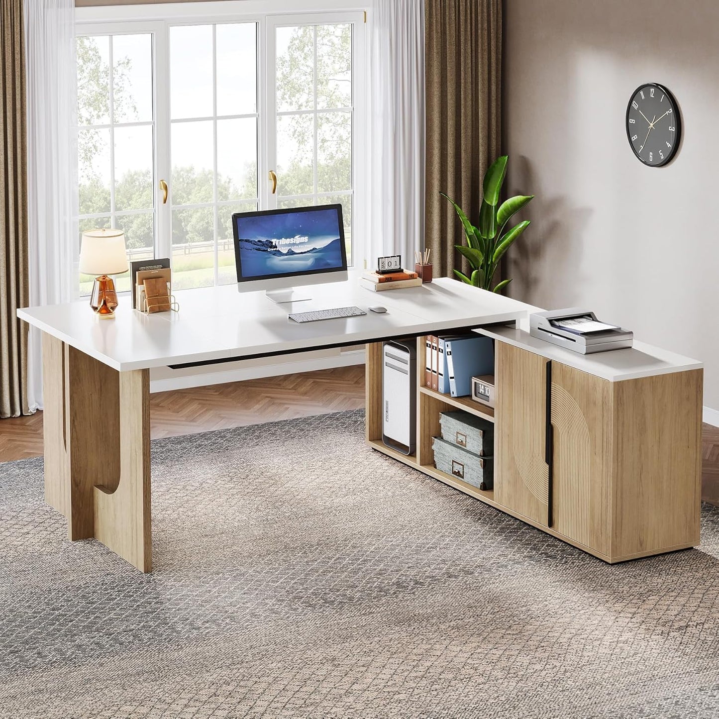 74.8 Inch Executive Desk, Large Office Desk with Cabinet, L Shaped Computer Desk with Shelves and CPU Storage, Modern Home Office Desks Business Furniture Workstation Set, White and Wood