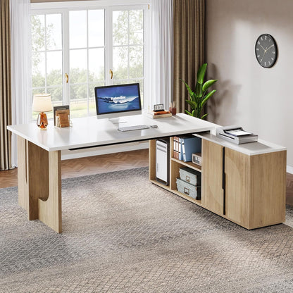74.8 Inch Executive Desk, Large Office Desk with Cabinet, L Shaped Computer Desk with Shelves and CPU Storage, Modern Home Office Desks Business Furniture Workstation Set, White and Wood