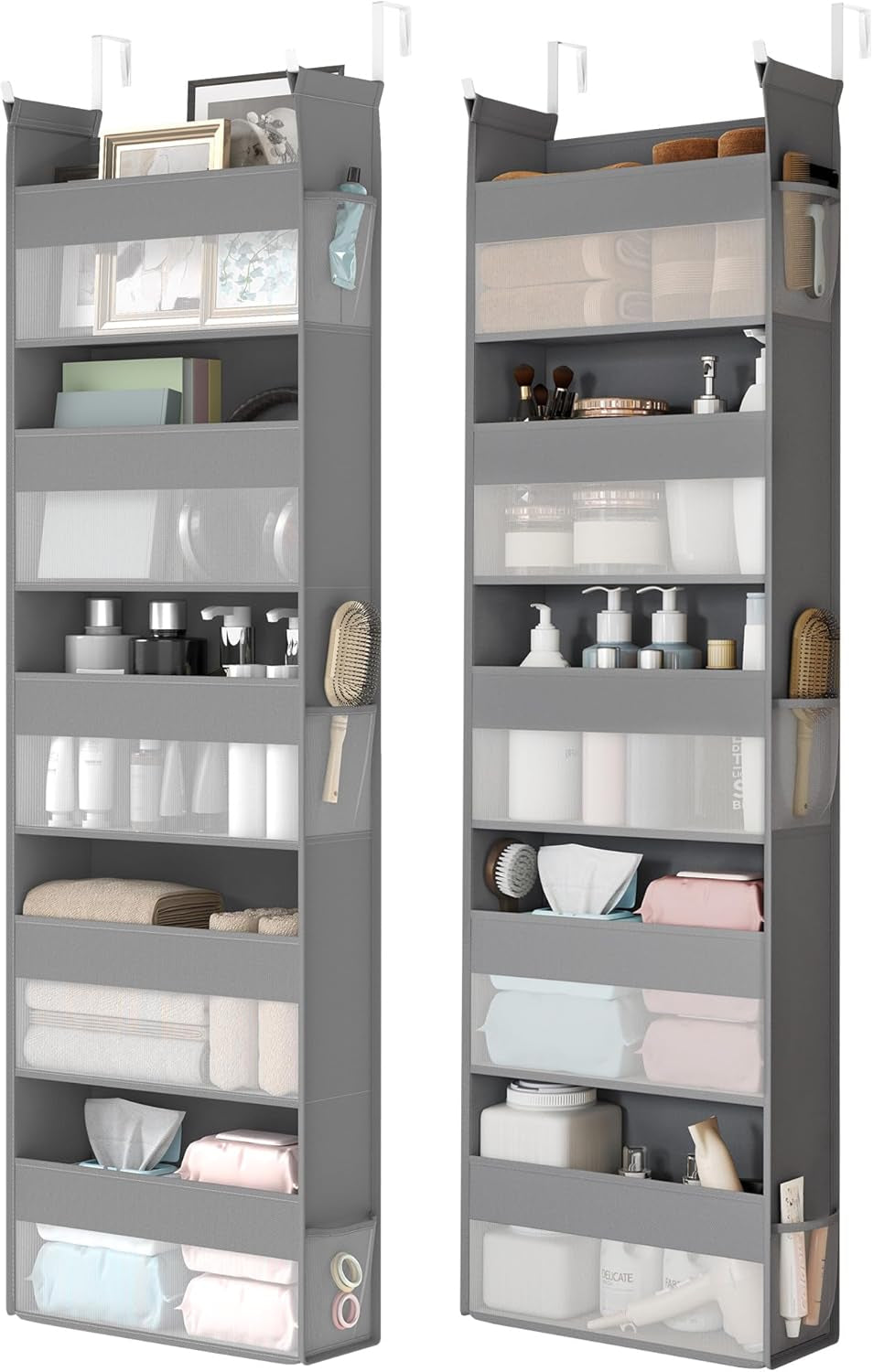 over the Door Organizer, Hanging Door Organizer with 5 Large Pockets, 5-Tier Fabric Storage, Transparent Nylon Mesh, Foldable, Metal Hooks, with Side Pouches, Dove Gray URDH007G01