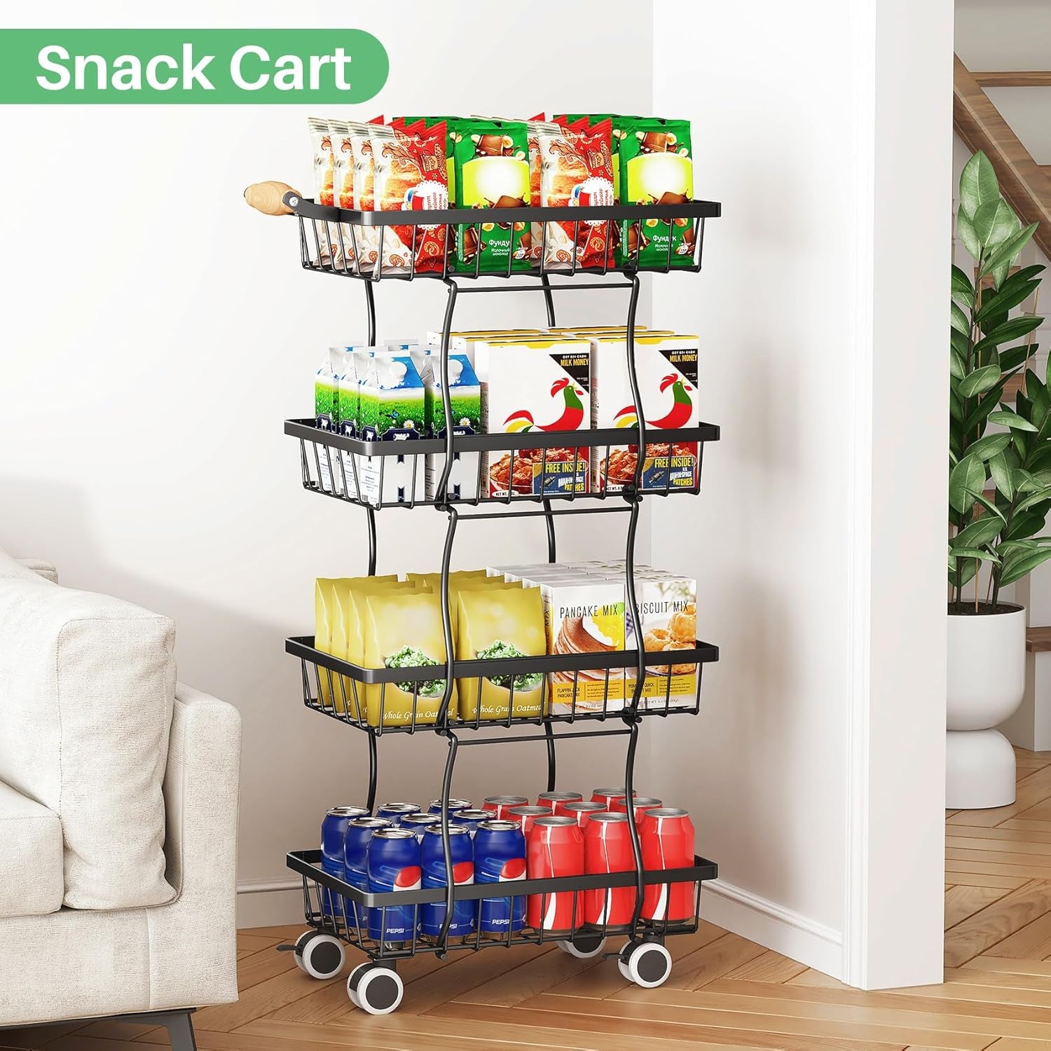 Fruit Basket Kitchen Pantry Organizers and Storage - 4 Tier Stackable Metal Wire Basket Stand for Fruit Vegetable Snacks Jars Bins Containers Organization, Black