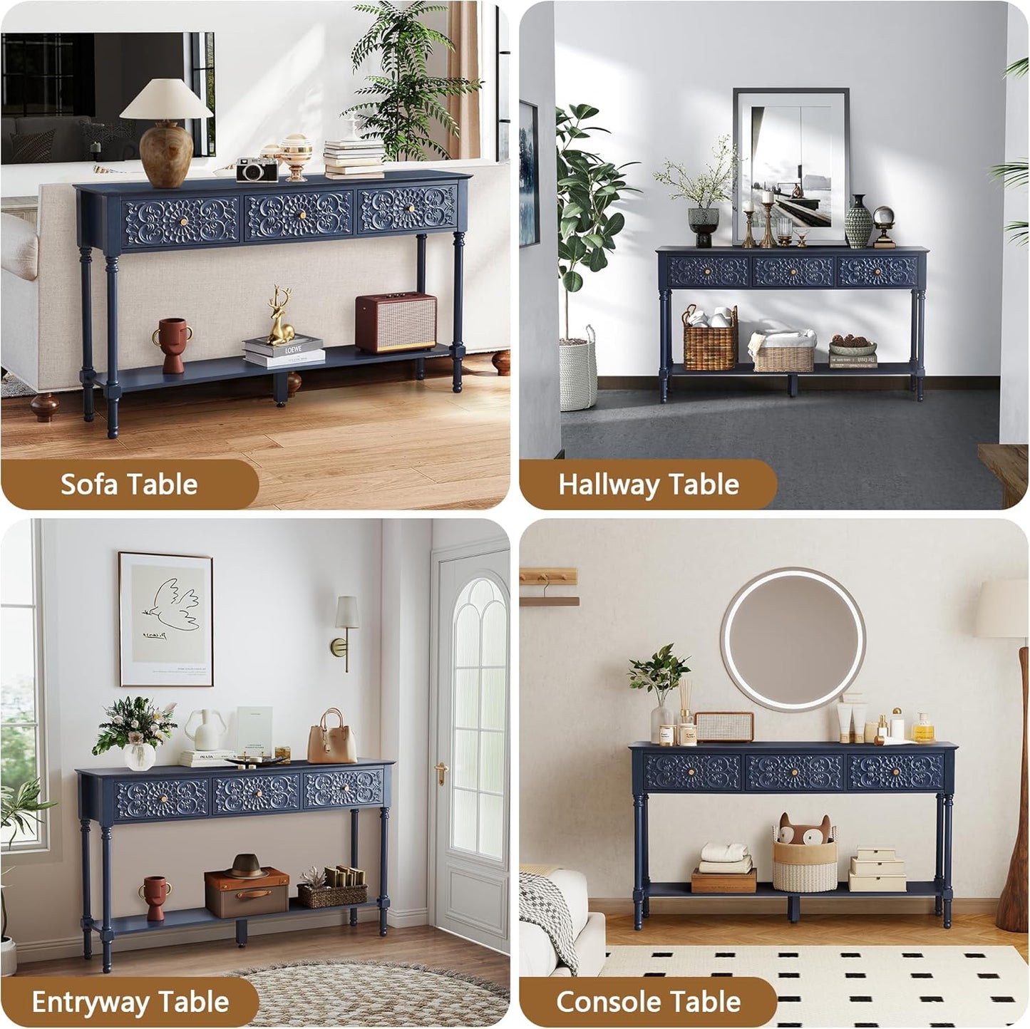 55.5" Carved Console Table with 3 Drawers, 2-Tier Sofa Table with Glossy Floral Surface and Solid Wood Legs, Mid-Century Modern Entryway Table for Living Room Hallway (Midnight Blue)