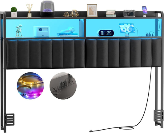 Headboard for Queen Size Bed Frame, Upholstered Headboards with Outlets, USB Ports and LED Light, Leather Head Board with Storage, Height Adjustable, Comfortable Headboard, Queen Size, Black