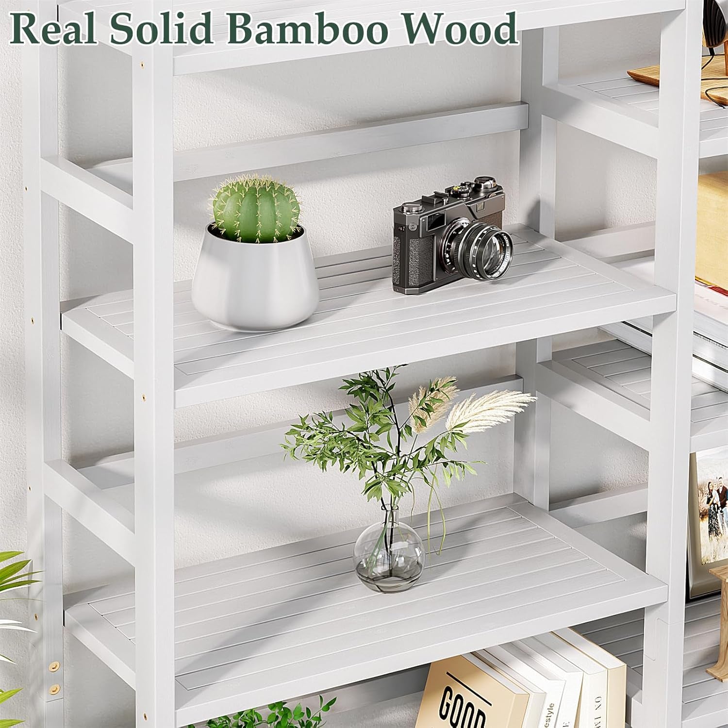 Bamboo Triple Wide Shallow Bookshelves and Bookcases, 6-Tier 6Ft Tall Bookshelf with 17 Open Display Shelves, Super Large Freestanding Book Shelf for Home Office, Bedroom, Living Room, White