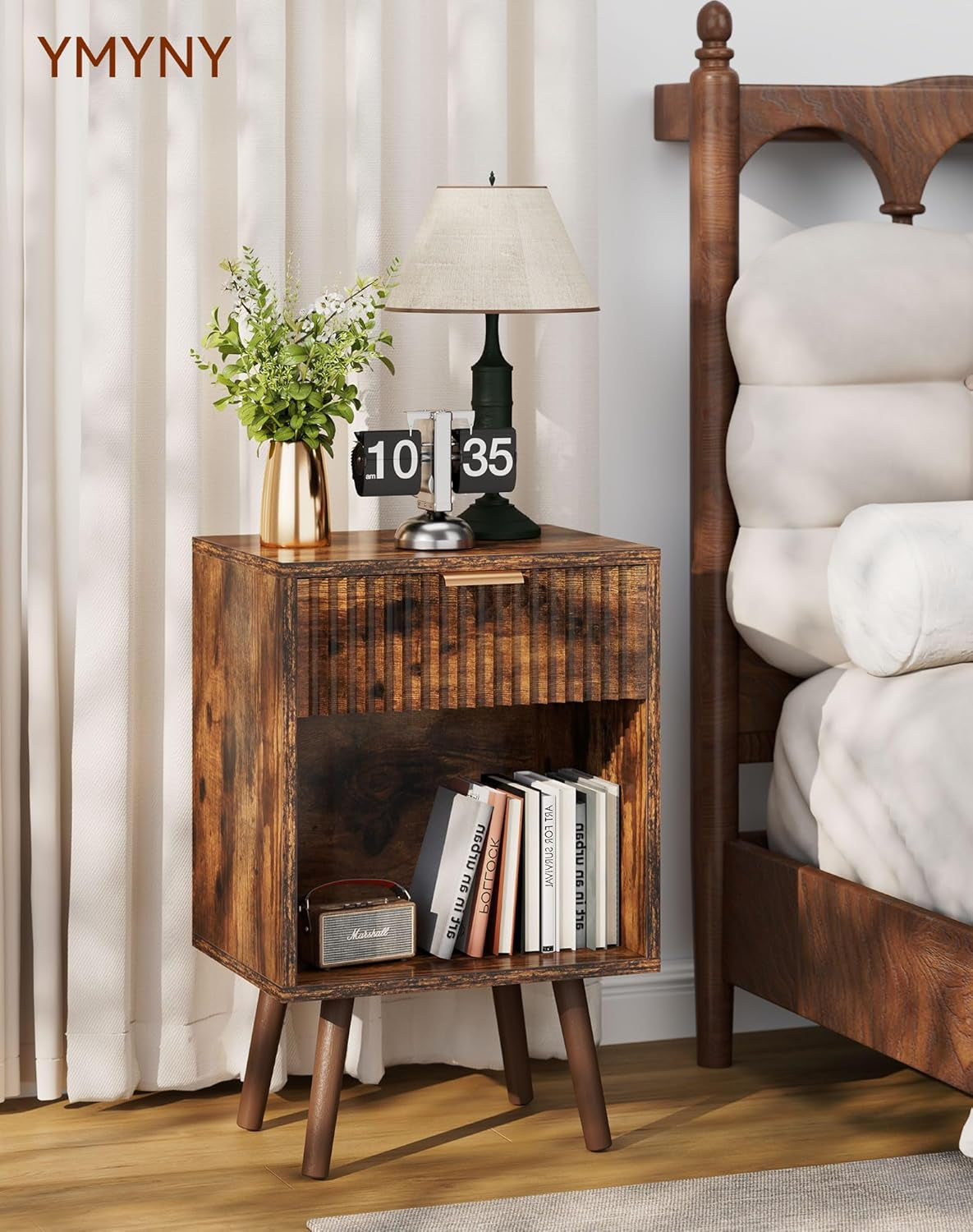 Mid Century Modern Nightstand Set of 2, Side Table with Fluted Drawer, Open Shelf Unit, Golden Handle, Solid Wood Legs, Bedside Table, for Bedroom, Rustic Brown UHST013H-2