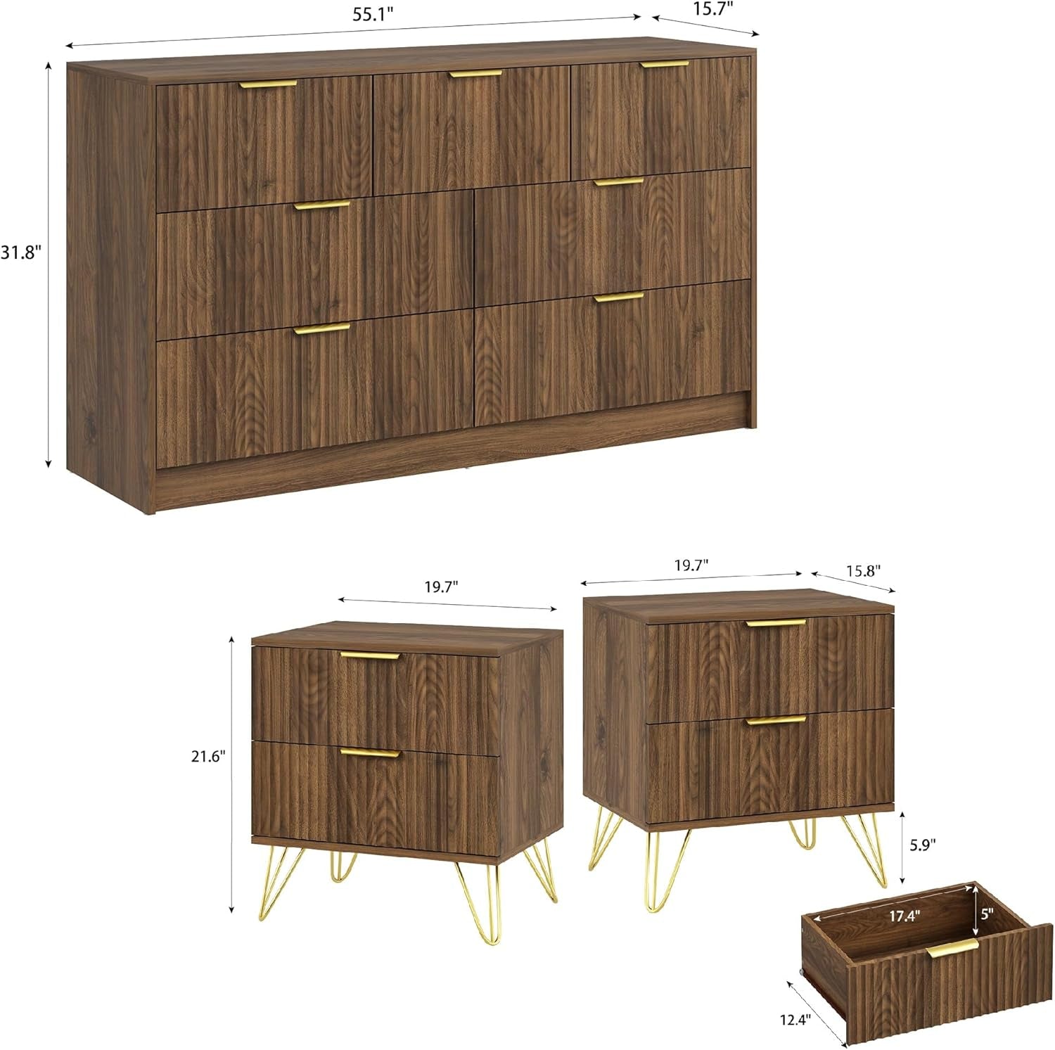 7 Drawer Dresser and Nightstand Sets for Bedroom, 3 Pcs Bedroom Set，Night Stand Set of 2 & 7 Drawer Dresser with Gold Handles, Wood Chest of Drawers Mid Century Storage Cabinet Set, Natural