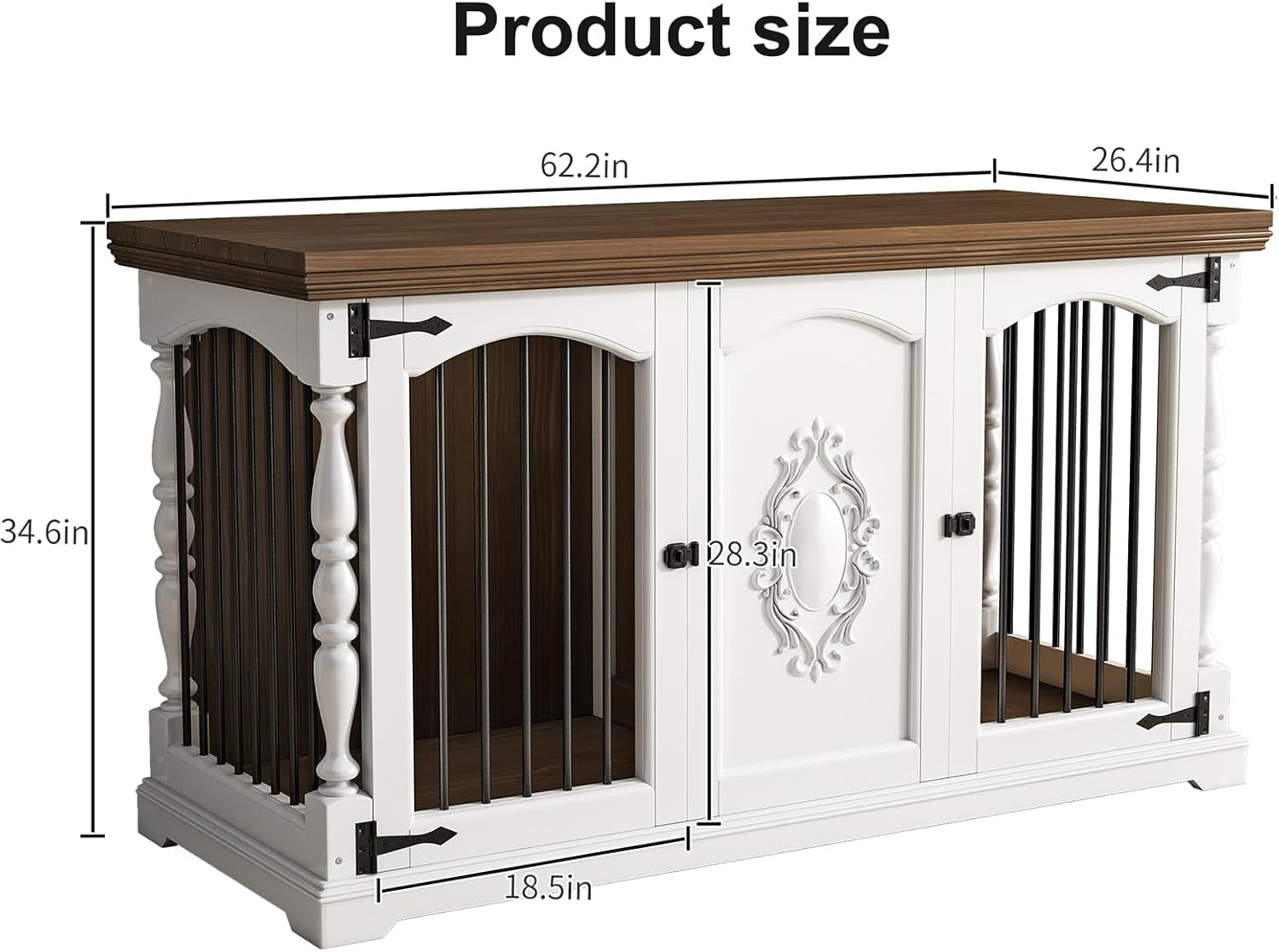 Dog Crate Furniture for 2 Dogs with Hand-Carved Patterns, All-Solid Wood Double Dog Crate & TV Stand, Large Dog Kennel with Divider for Giant Breeds, Heavy Duty Dog Cage, 62In（White）