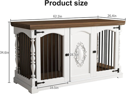 Dog Crate Furniture for 2 Dogs with Hand-Carved Patterns, All-Solid Wood Double Dog Crate & TV Stand, Large Dog Kennel with Divider for Giant Breeds, Heavy Duty Dog Cage, 62In（White）