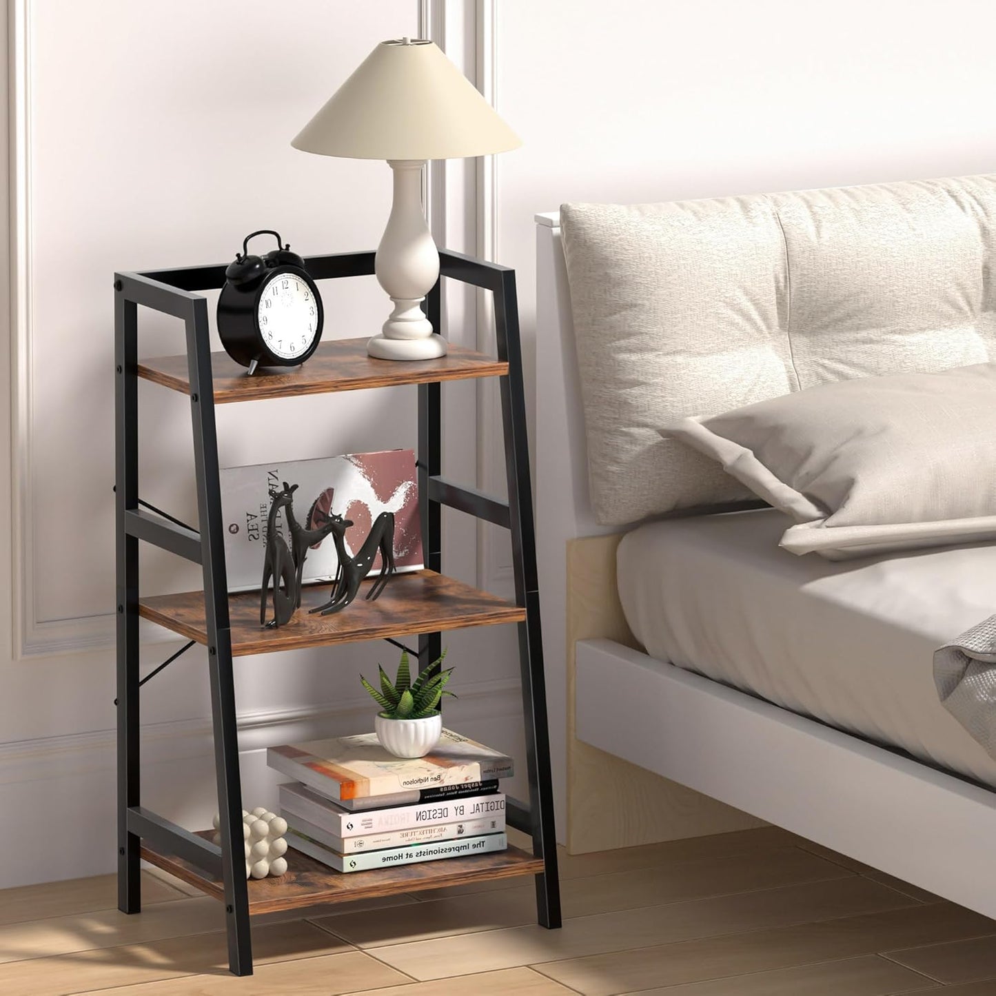 3-Tier Bookshelf, Ladder Shelf for Small Spaces, Industrial Short Bookshelf, Small Bookcase for Living Room, Bedroom, Home Office, Kitchen, 11.8 "D X 16.5" W X 31.3 "H, Rustic Brown