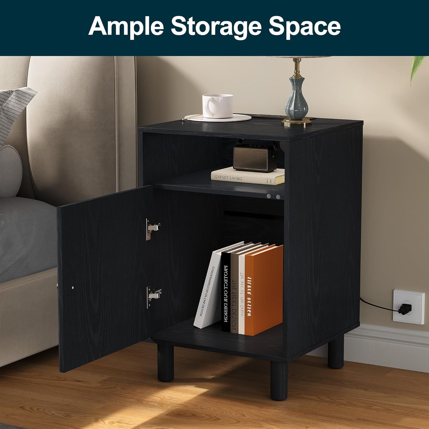 Nightstand Set of 2, Modern Side Table with Charging Station, Accent End Table with Solid Wood Legs, Bedside Table for Bedroom, Entryway, Black