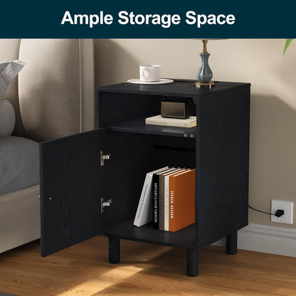 Nightstand Set of 2, Modern Side Table with Charging Station, Accent End Table with Solid Wood Legs, Bedside Table for Bedroom, Entryway, Black