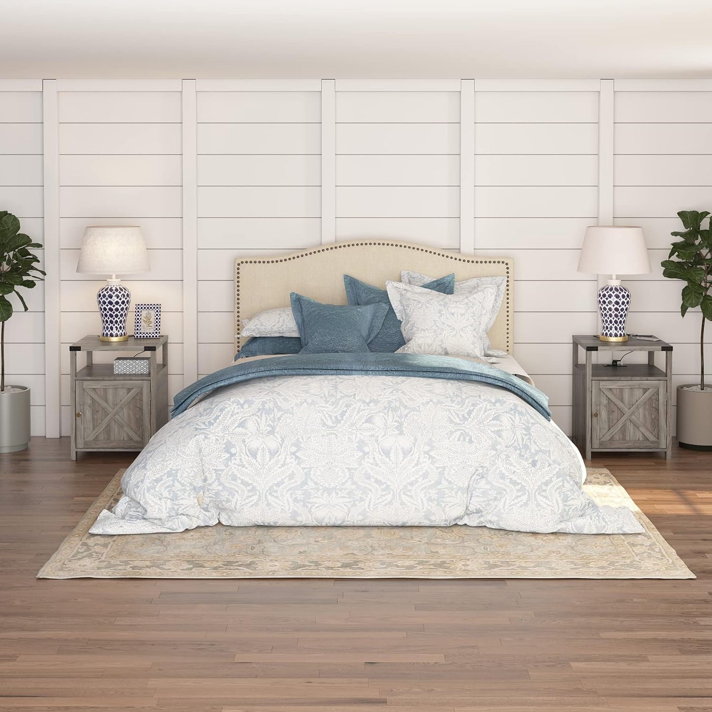 Farmhouse Nightstand with Charging Station, Rustic End Table Bedroom with Storage Living Room Side Table Grey Night Stand Industrial Bedside Bed Table with USB Ports and Outlets