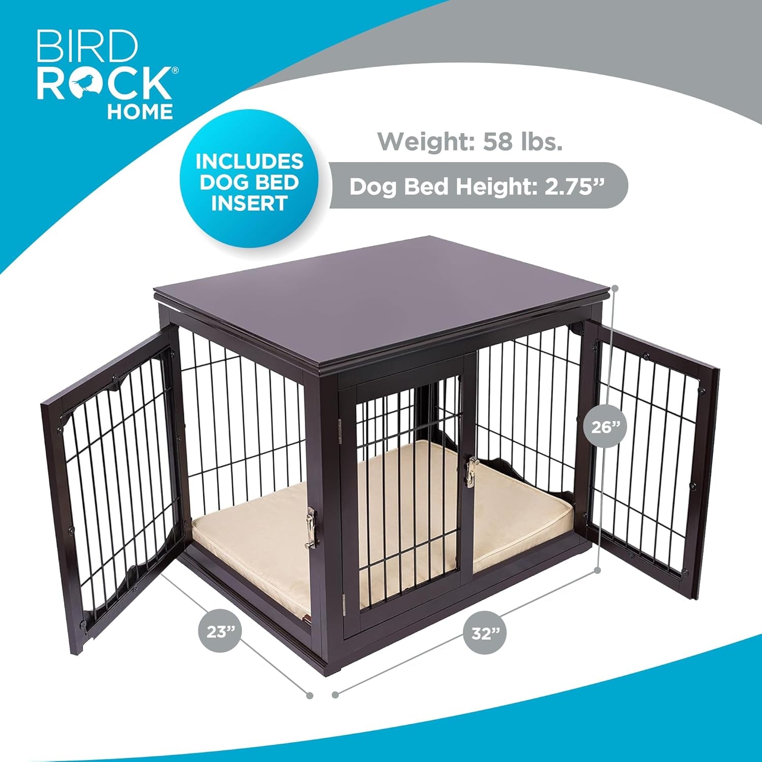 Internet'S Best Decorative Dog Kennel with Pet Bed | Double Door | Wooden Wire Dog House | Large Indoor Pet Crate Side Table | Espresso
