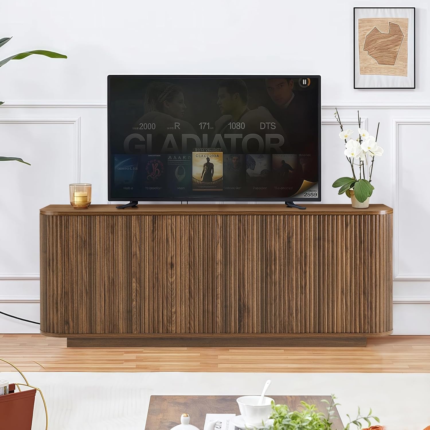 64" Buffet Sideboard Cabinet with Storage, Modern Fluted Accent Credenza with Adjustable Shelves, Wood Coffee Bar Console Table for Living Room Kitchen Dining Room Hallway, Walnut