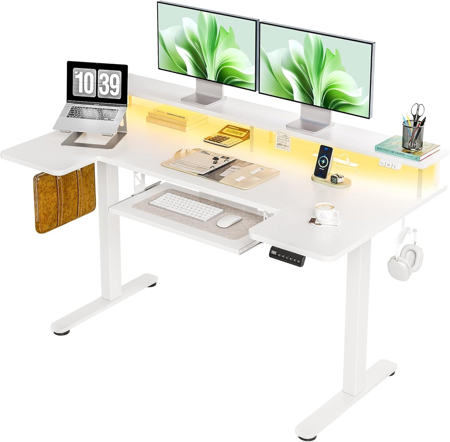 U Shaped Electric Standing Desk with Keyboard Tray, 55 Inch Height Adjustable Desk with Power Outlets & LED Lights, Sit Stand Table with Monitor Stand for Home, Office, White