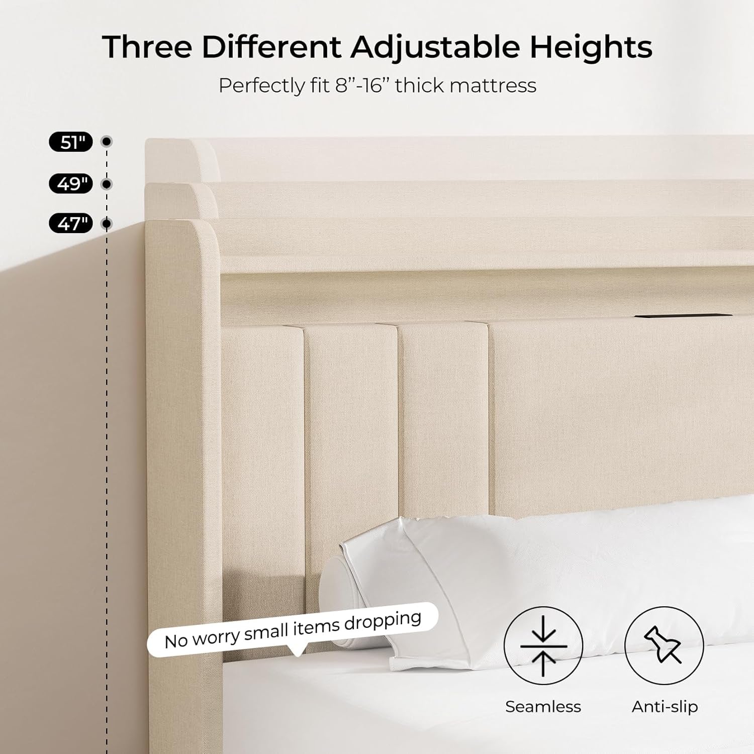 Queen Bed Frame with Storage, Tall Headboard Upholstered Platform Bed with 4 Dustproof Drawers, 2-Tier Storage Headboard Wingback, LED Light & Charging Station, 47''-51'' Height Adjust, Beige