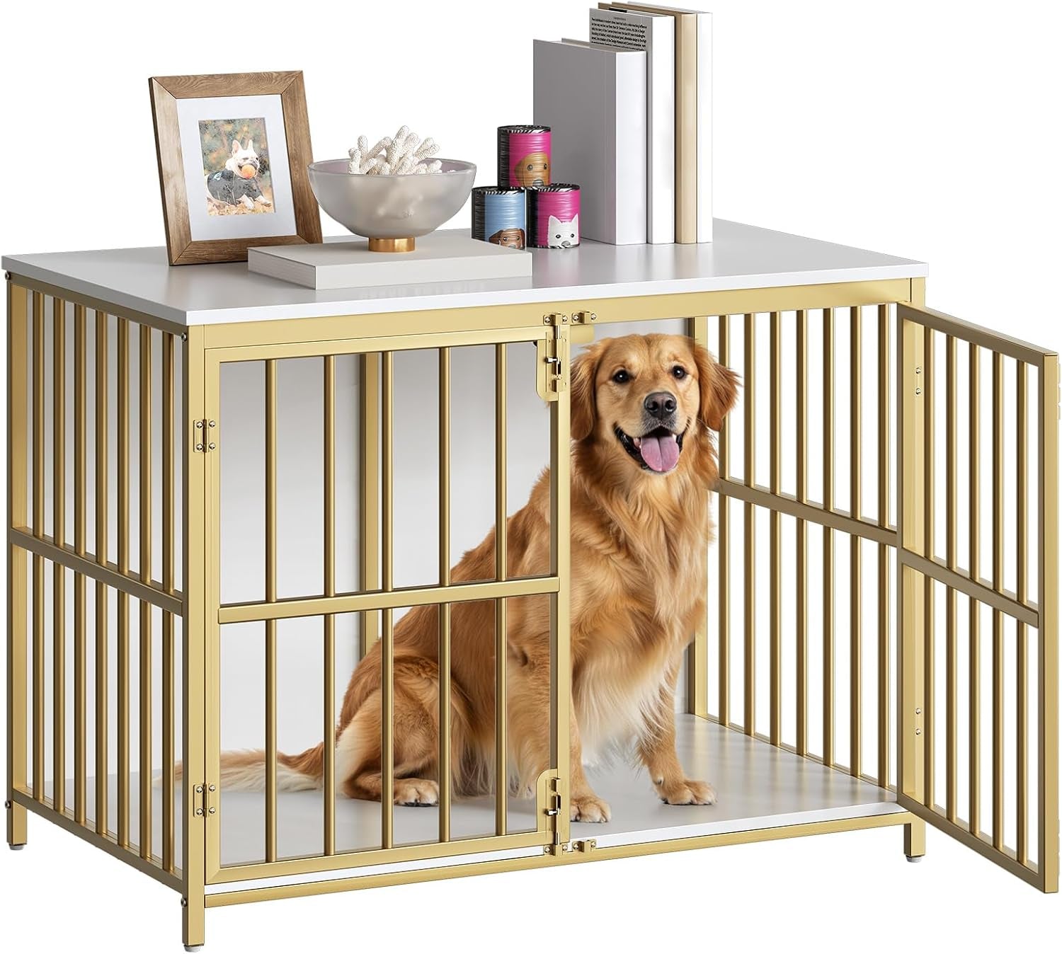 38.6" Dog Crate Furniture, Wooden Dog Kennel Indoor, Heavy Duty Dog Cage for Small/Medium Dog, Decorative Side End Table, White and Gold DW100GW03