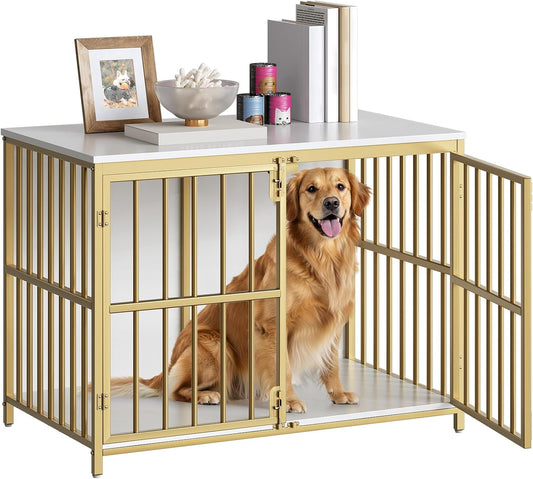 38.6" Dog Crate Furniture, Wooden Dog Kennel Indoor, Heavy Duty Dog Cage for Small/Medium Dog, Decorative Side End Table, White and Gold DW100GW03