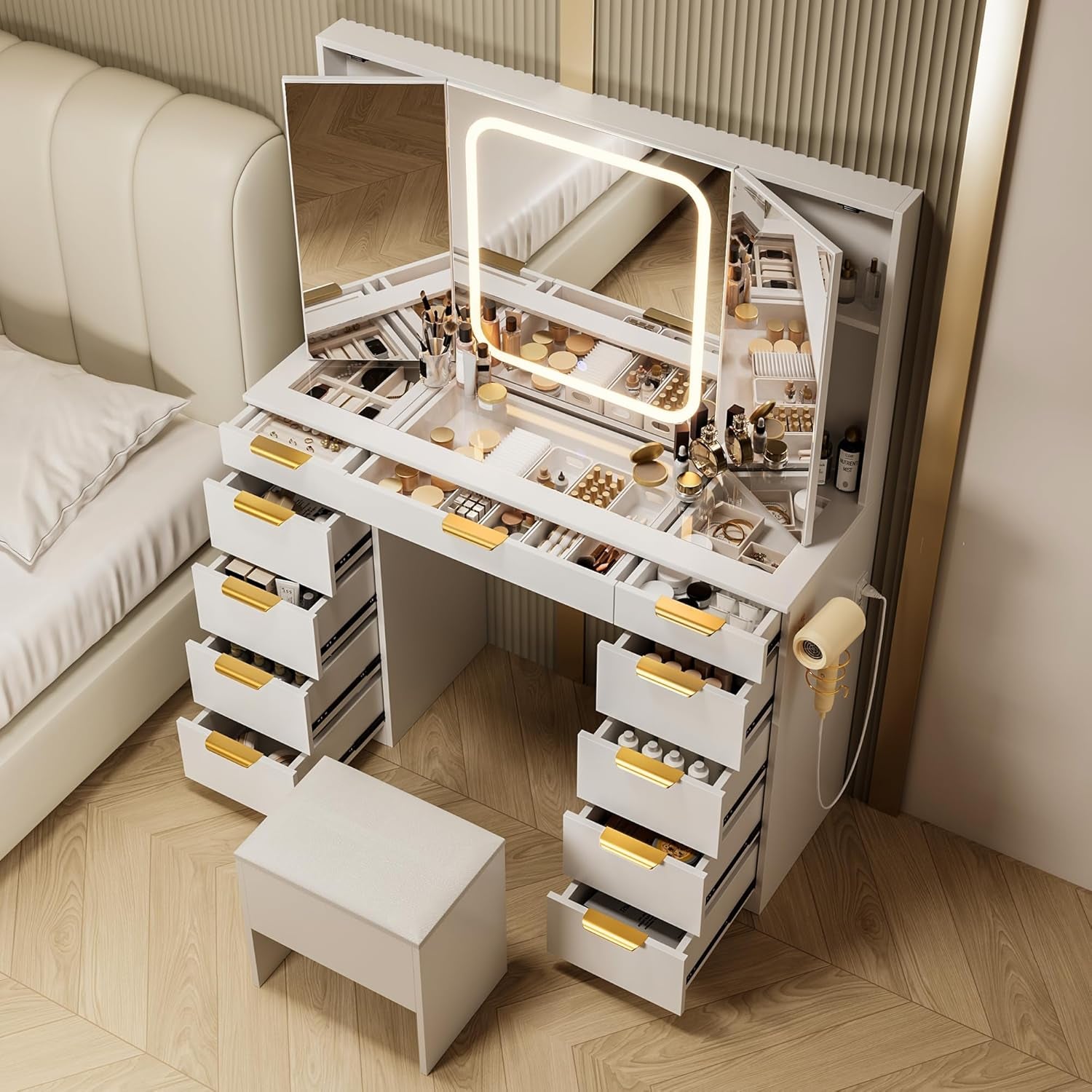 11 Drawers Vanity Desk with Foldable Mirror, Glass Top Makeup Vanity with LED Lights, 3 Lighting Modes, Golden Handles Dressing Table with Chair and Power Outlet