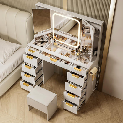 11 Drawers Vanity Desk with Foldable Mirror, Glass Top Makeup Vanity with LED Lights, 3 Lighting Modes, Golden Handles Dressing Table with Chair and Power Outlet