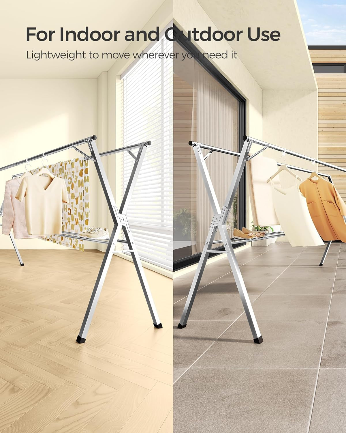 Clothes Drying Rack, Heavy-Duty Laundry Drying Rack, 56.3-93.7 Inches Extendable, Foldable Freestanding Airer, Stainless Steel, for Indoor Outdoor Use, Dove Gray ULLR903E01