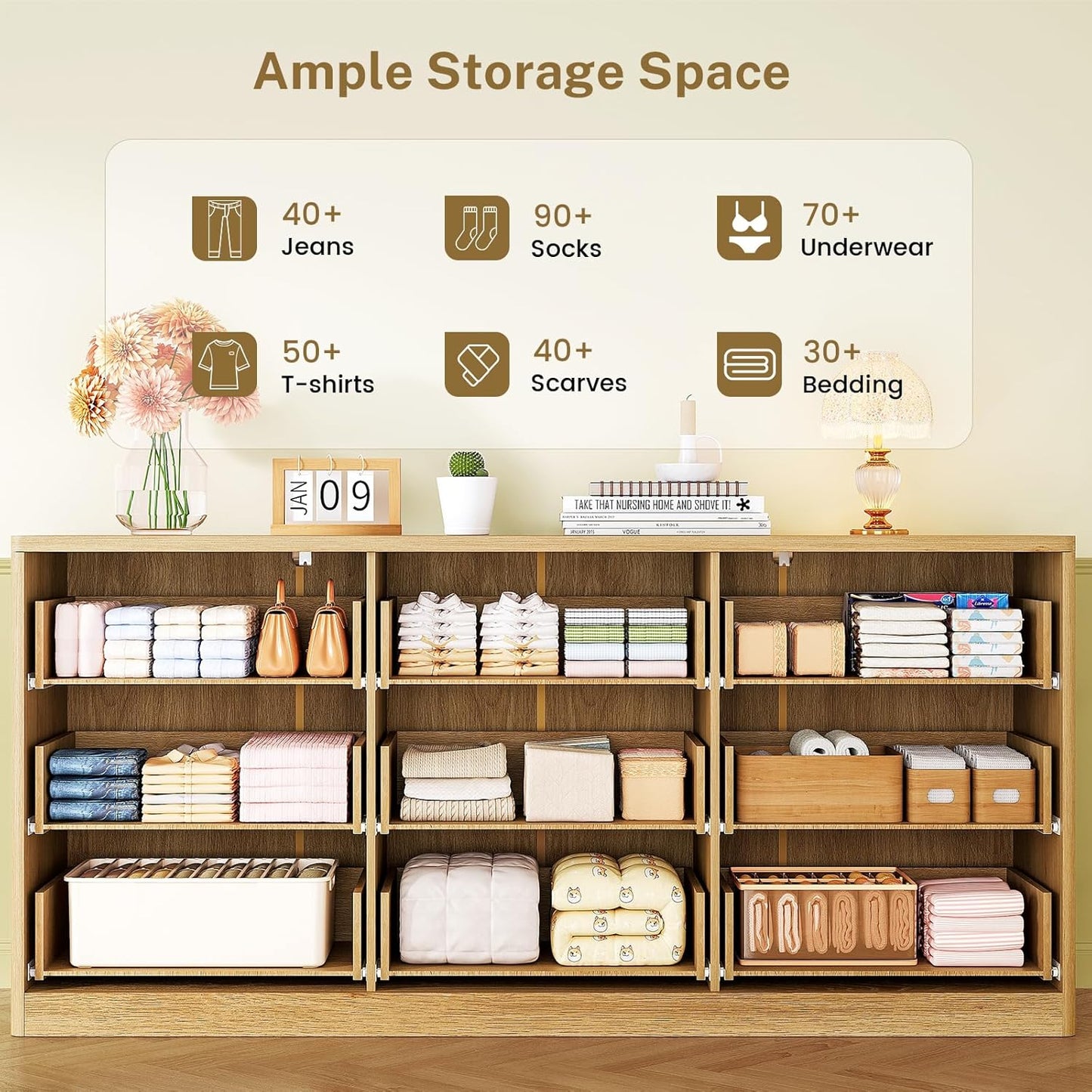 Fluted Dresser for Bedroom with 9 Drawers, 63" Wide Modern Chest of Drawers with Metal Handle & Curved Profile Design, Wood Closet Clothes Storage Organizer for Living Room, Hallway, Natural