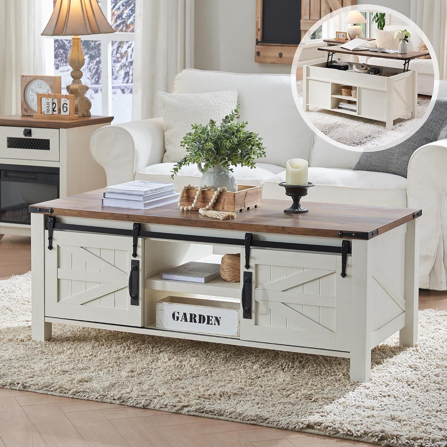 48" Farmhouse Lift Top Coffee Table with Sliding Barn Door,Rustic Center Table with Hidden Storage Compartment,Lifting Tabletop and Adjustable Shelf for Living Room,Office,Antique White