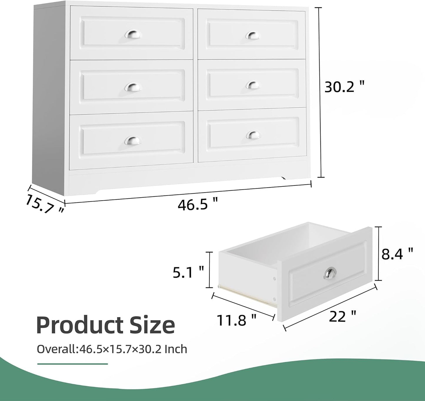 Dresser for Bedroom with 6 Drawers,Double Dresser & Chest of Drawers Wooden Organizer with Metal Handle, Storage TV Stand for Living Room,White