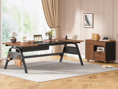 L Shaped Computer Desk with Mobile File Cabinet & Power Outlets, Executive Home Office Desk with Storage Drawers, Pegboard, Cable Management, Reversible L Desk for Work & Gaming, Black + Brown