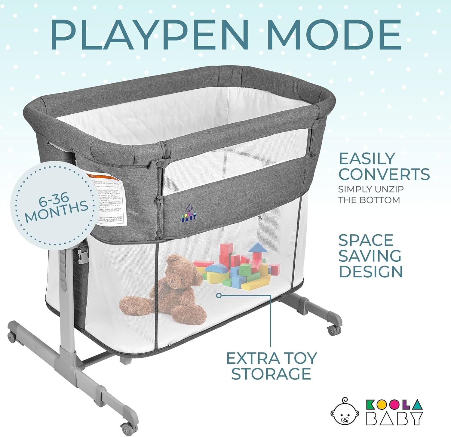 3 in 1 Baby Bassinet, Bedside Sleeper, & Playpen, Easy Folding Portable Crib (Grey)- Koolababy (Bassinet)