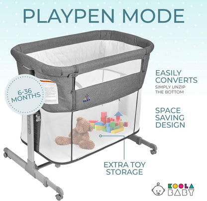 3 in 1 Baby Bassinet, Bedside Sleeper, & Playpen, Easy Folding Portable Crib (Grey)- Koolababy (Bassinet)
