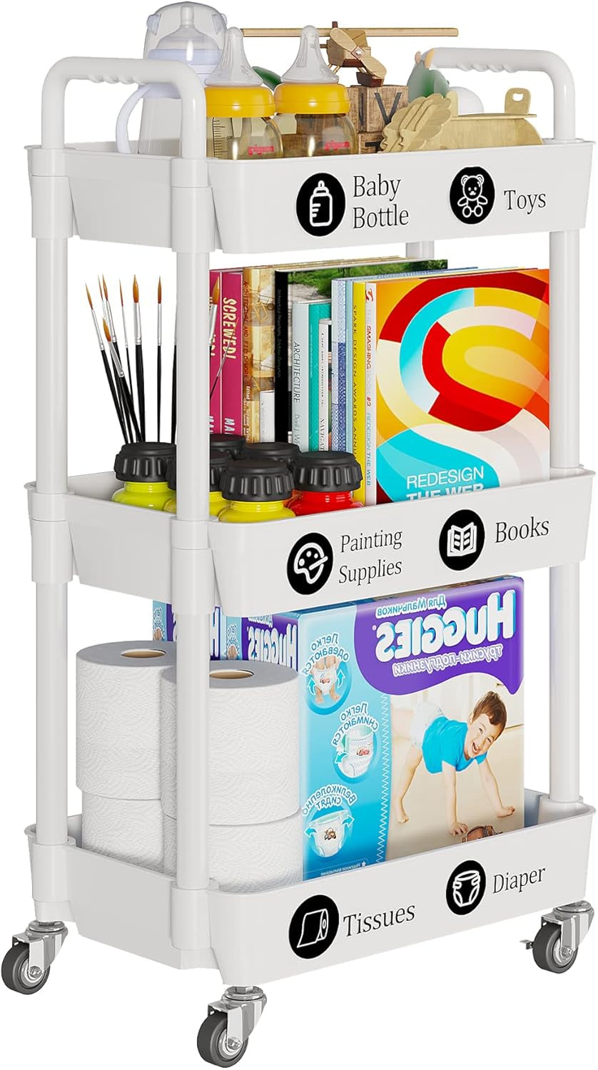 3-Tier Rolling Cart with Wheels,Multifunction Utility Storage Carts, Kitchen Storage Organizer,Mobile Shelving Unit for Bathroom,Laundry,With Classified Stickers,White