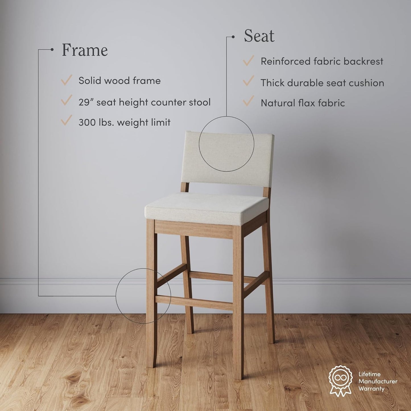 Linus Modern Upholstered Bar Stool with Back and Solid Rubberwood Legs in a Wire-Brushed Light Brown Finish, Natural Flax/Light Brown