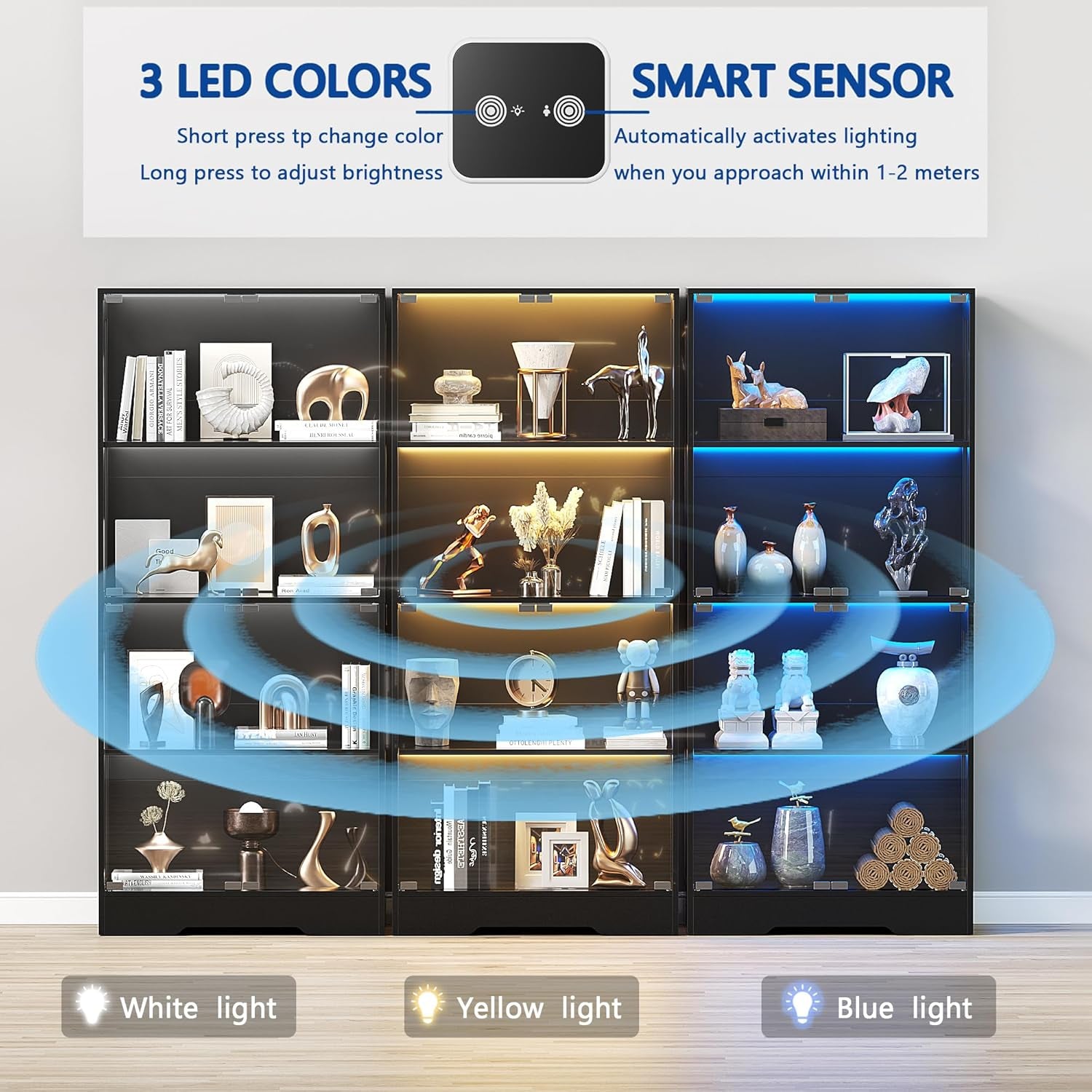 Tempered Glass Display Cabinet 5.5 FT with 3CCT Motion Sensor Light, 4-Tier Curio Case for Collectibles, Storage Woode Shelf with Glass Doors, Bookcase, Showcase, Black