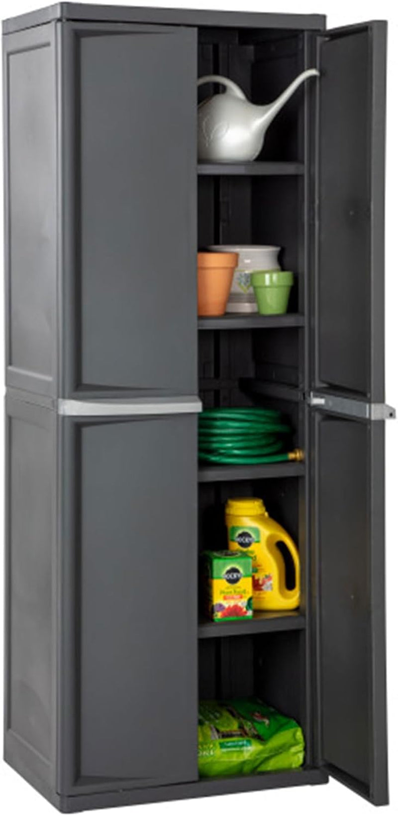 4 Shelf Cabinet, Lockable Utility Storage W/ Adjustable Shelves, Gray - Plastic Shelving Unit for Organizing Garage, Pantry, Basement, Laundry Room or Mudroom
