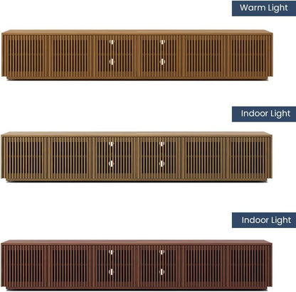 Full Assembled Mid Century Modern TV Stand, 118” Extra-Large Entertainment Center for 100 Inch TV, Wood Slatted TV Media Console with Storage for Living Room Bedroom