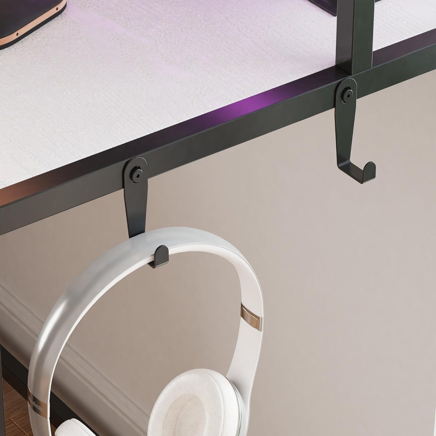 50 Inch Gaming Desk with LED Lights and Power Outlets, White Compact Computer Office Desk with Storage Shelves,Monitor Stand & Side Hook, Storage Drawers of Computer Table for Bedroom