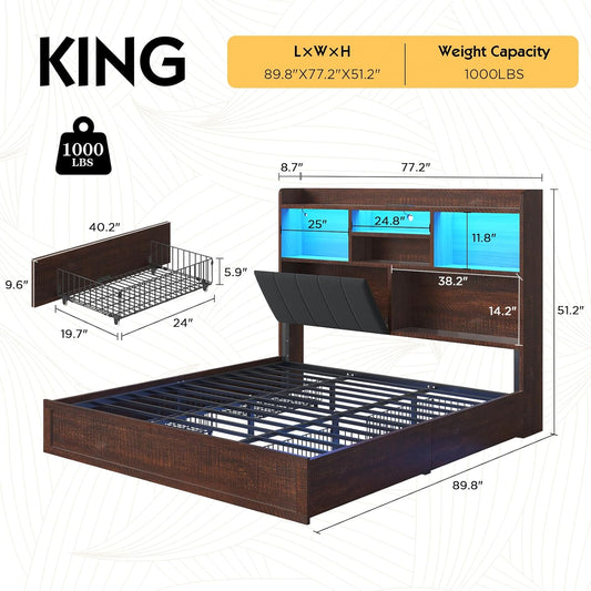 King Farmhouse Bed Frame with Bookcase Headboard and 4 Drawers, LED Storage Bed with Charging Station & Linen Upholstered, No Box Spring Needed, Reclaimed Barnwood
