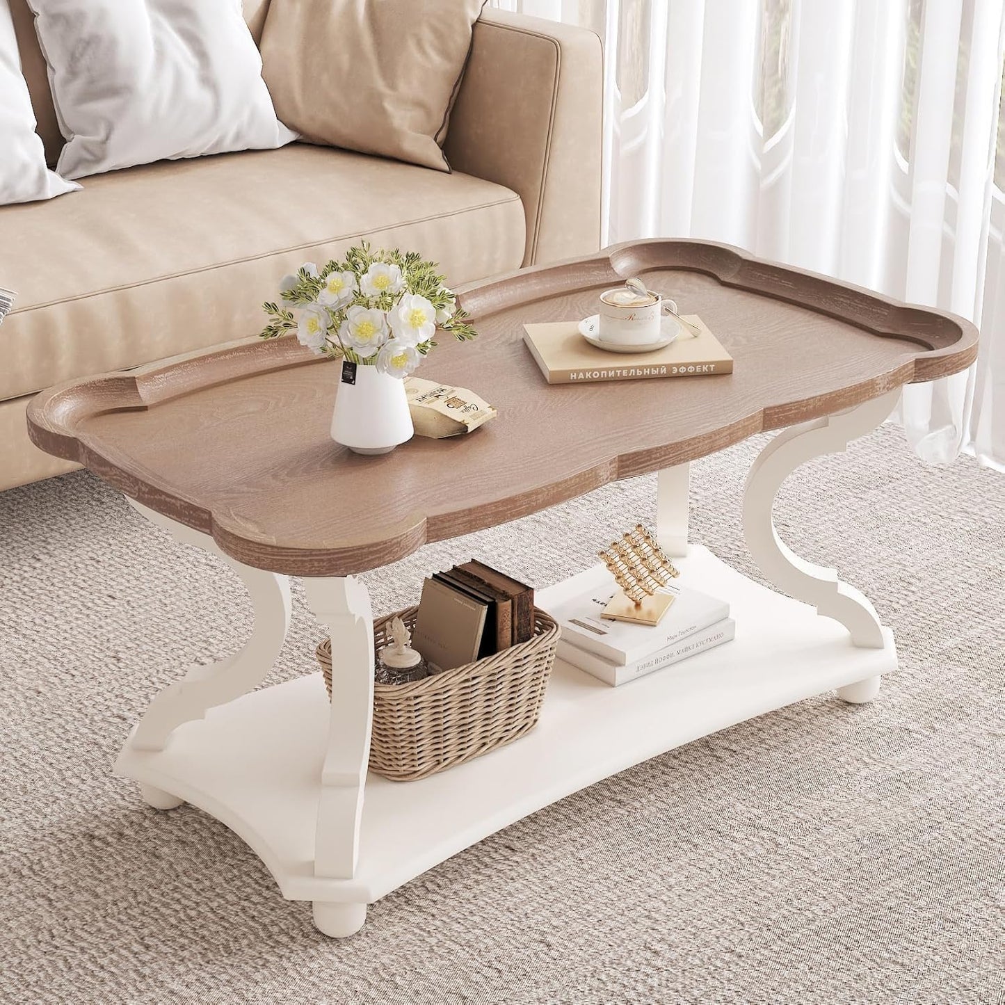 Farmhouse Coffee Table, Rustic White Cocktail Table with Storage Shelf, Sofa Table with Natural Tray Top and Carved Legs for Living Room Furniture Dining Room, Vintage White